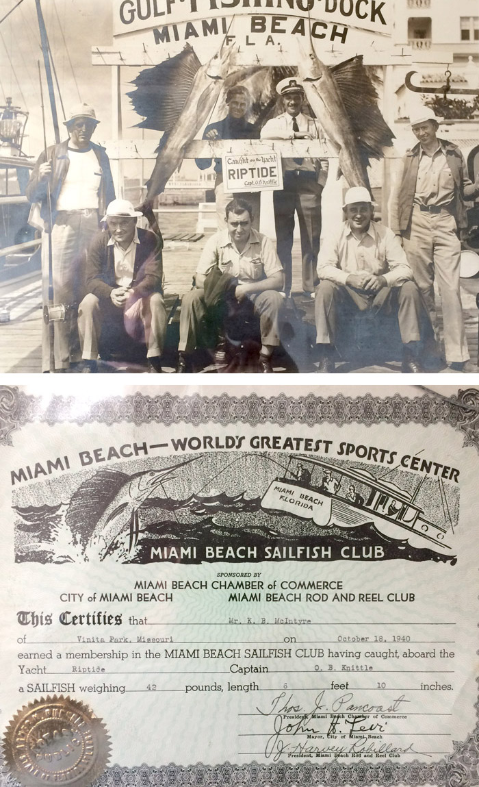 My dad is on the far right. He seems proud of his 6’ 10” sail fish landed while fishing on board the Rip Tide, October 18, 1940. The certificate with the photo shows all of the official data with the necessary signatures and even a seal of authenticity. It was a very big deal.