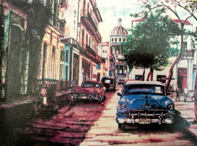 This painting was part of my swag from the National Geographic Society. And yes, cars like these are still in operation in Cuba.